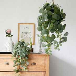 بارتي جوي قطعتان من النباتات المزيفة المعلقة مع سلتين، نباتات صناعية معلقة مزيفة من الأوكالبتوس لغرفة الحائط وفناء المنزل وديكور داخلي وخارجي in Kuwait