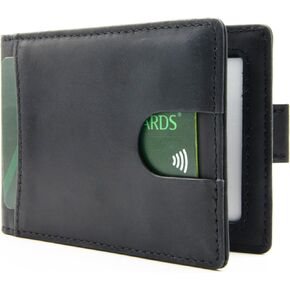 RFID Blocking Slim Bifold Genuine Leather Minimalist Wallet for Men with Money Clip Pull Strap Easy Card Pullout (Minimalist Bifold Wallet without Personalization, Angus Black)