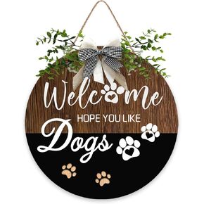 Welcome Hope You Like Dogs Farmhouse Door Sign for Front Door Porch Decor Buffalo Plaid Check Bow Wreath Hanger, Rustic Outside Wood Hanging for Indoor Outdoor Porch Housewarming 12x12 Inch 01 in Saudi Arabia