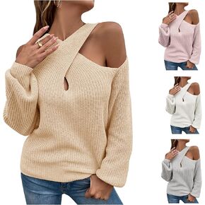 RMCMS Womens Sweaters Casual Off Shoulder Tops Crossed V- Neck Long Sleeve Knitted Crop Halter Pullover Top