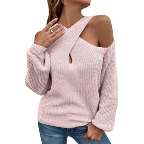 RMCMS Womens Sweaters Casual Off Shoulder Tops Crossed V- Neck Long Sleeve Knitted Crop Halter Pullover Top