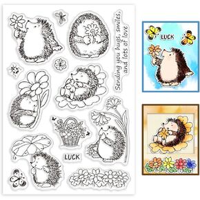 GLOBLELAND Hedgehog Clear Stamps Flowers Silicone Clear Stamp Seals Animal Transparent Stamps for DIY Scrapbooking Cards Making Photo Album Journal Home Decoration