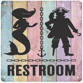 Mermaid Bathroom Decor - Pirate Themed Restroom Signs - Vintage Nautical Wall Decor - Funny Beach Toilets Door Metal Tin Sign Wall Decor 8 * 8 in