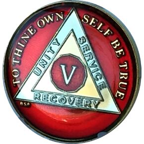 5 Year Mandarin Red Gold & Nickel Tri-Plate AA Alcoholics Anonymous Sobriety Medallion Chip Serenity Prayer