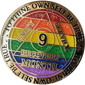 9 Month AA Medallion Reflex Rainbow Glitter and Gold Plated Sobriety Chip