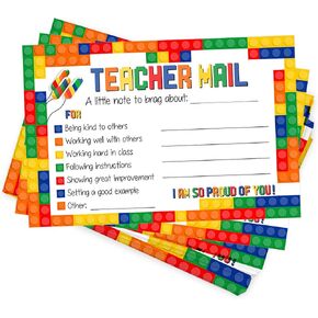 Colorful Blocks Teacher Mail for Kids, Good Behavior Incentive Brag Cards to Send Home, Kindergarten, Elementary School Teachers Supplies, 50PCS