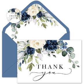 24 Pack Floral Thank You Cards Bulk Watercolor Blue Flower Note Cards with Envelopes Stickers Decorative Greeting Blank Cards for Wedding Baby Shower Birthday