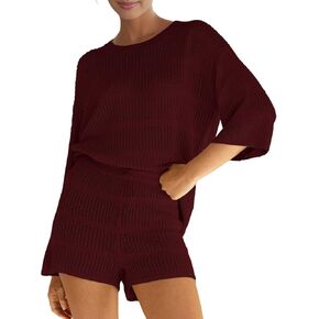 SuperPrity Women Swimsuit Coverup Set 2 Piece Crochet Hollow Out Knit 3/4 Sleeve Tops and Shorts Set Summer Beach Outfits