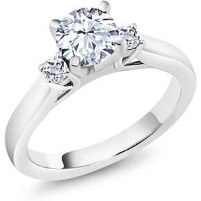 Gem Stone King 925 Sterling Silver White Created Sapphire and White Topaz 3-Stone Engagement Ring For Women (1.48 Cttw, Round 6MM, Gemstone September Birthstone, Available in Size 5,6,7,8,9)