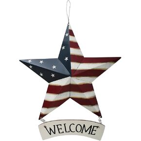 Metal Star Hanging Welcome Sign Patriotic American Wall Decor, US Flag Star Barn Wall Art Sign for Memorial Day 4th of July Independence Day Labor Day Decor