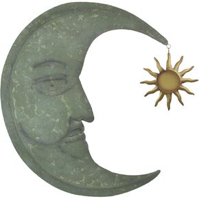 Zeckos Verdigris Green Crescent Moon Wall Décor with Bronze Sun Dangler Accent - 25 Inches High - Enchanting Celestial Harmony - Indoor/Outdoor Metal Art Sculpture