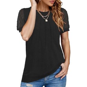 Summer Tops for Women Short Sleeve Crew Neck Pleated Shirts Swiss Dot Puff Sleeve Tshirts Loose Casual Blouses