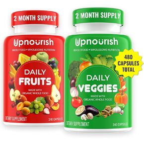 UpNourish Organic Fruits and Veggies Supplement - Support Diet Balance, Body Cleanse & Energy - 480 Fruits and Super Greens Capsules from Nature - Fruit and Vegetable Supplements for Adults & Kids