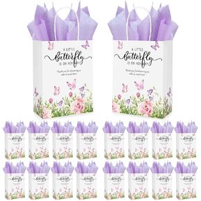 Engrowtic 50 Sets a Little Butterfly Is on Her Way Baby Shower Favor 50 Little Butterfly Gift Bags Floral Gift Bags with Handles Tissue Paper Little Butterfly Baby Shower Decorations for Guests Gift