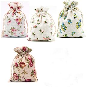 20 Pack Floral Burlap Drawstring Bags Gift Bags Packing Storage Linen Jewelry Pouches Sacks for Christmas Wedding Party Shower Birthday, 5.5 x 3.9 Inch