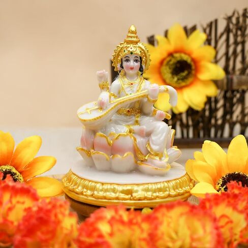 Small Hindu Goddess Saraswati Statue - 3.9"H Marble Look Saraswati Figurine for Car Dashboard India Idol Buddha Statue Home Office Mandir Temple Pooja Item Diwali Puja Gifts in Saudi Arabia