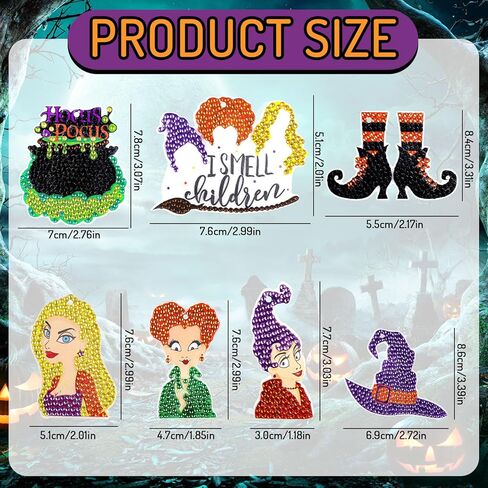 Whaline 7 قطع ساحرة الهالوين الماس رسم سلسلة المفاتيح DIY اليدوية Hocus Pocus الماس الرسم معلقة حجر الراين الفسيفساء صنع الحفر الكامل الماس مفتاح سلسلة للحرف اليدوية in Kuwait