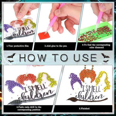 Whaline 7 قطع ساحرة الهالوين الماس رسم سلسلة المفاتيح DIY اليدوية Hocus Pocus الماس الرسم معلقة حجر الراين الفسيفساء صنع الحفر الكامل الماس مفتاح سلسلة للحرف اليدوية in Kuwait