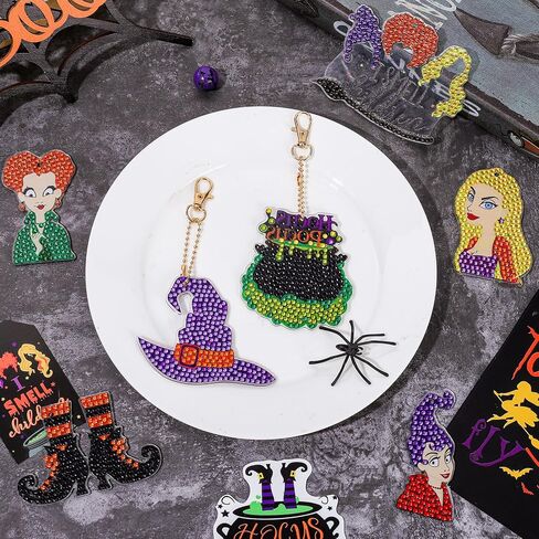 Whaline 7 قطع ساحرة الهالوين الماس رسم سلسلة المفاتيح DIY اليدوية Hocus Pocus الماس الرسم معلقة حجر الراين الفسيفساء صنع الحفر الكامل الماس مفتاح سلسلة للحرف اليدوية in Kuwait