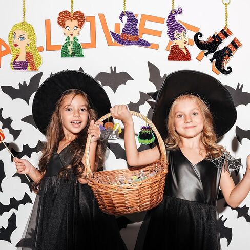 Whaline 7 قطع ساحرة الهالوين الماس رسم سلسلة المفاتيح DIY اليدوية Hocus Pocus الماس الرسم معلقة حجر الراين الفسيفساء صنع الحفر الكامل الماس مفتاح سلسلة للحرف اليدوية in Kuwait