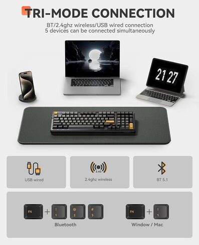 DAREU EK98pro لوحة مفاتيح ميكانيكية لاسلكية، ثلاثية الوضع BT/2.4 جيجا هرتز/USB-C RGB لوحة مفاتيح للألعاب بإضاءة خلفية، مفاتيح خطية مسبقة التشحيم، هيكل الحشية، لوحة مفاتيح مخصصة قابلة للتبديل السريع لنظام Win/Mac in Kuwait