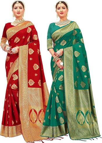 Elina fashion Pack of Two Sarees for Women Banarasi Art Silk Woven Indian Wedding Saree | Diwali Gift Sari Combo in Saudi Arabia