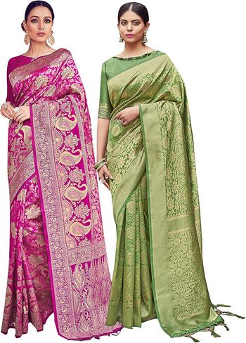 Elina fashion Pack of Two Sarees for Women Banarasi Art Silk Woven Indian Wedding Saree | Diwali Gift Sari Combo in Saudi Arabia
