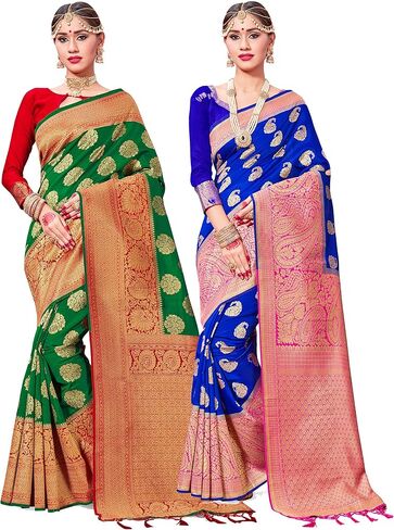 Elina fashion Pack of Two Sarees for Women Banarasi Art Silk Woven Indian Wedding Saree | Diwali Gift Sari Combo in Saudi Arabia