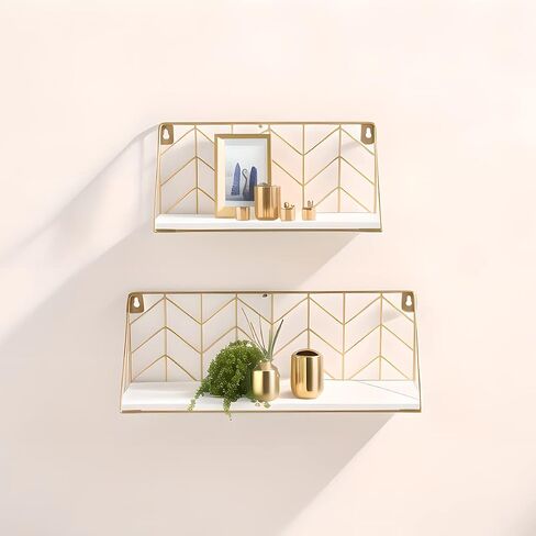 White Versatile Wood Floating Shelf with Gold Metal Wire Frame - Stylish Wall Decor and Storage Solution for Living Room, Bedroom, Bathroom, Kitchen, Office, Set of 2 in Saudi Arabia