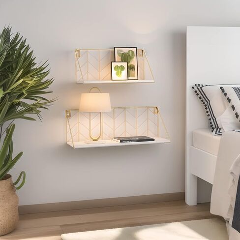 White Versatile Wood Floating Shelf with Gold Metal Wire Frame - Stylish Wall Decor and Storage Solution for Living Room, Bedroom, Bathroom, Kitchen, Office, Set of 2 in Saudi Arabia