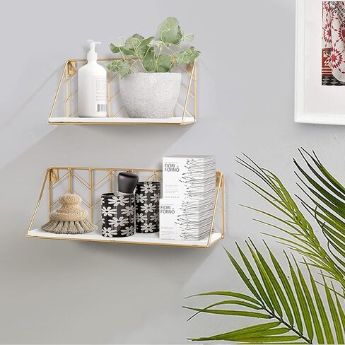 White Versatile Wood Floating Shelf with Gold Metal Wire Frame - Stylish Wall Decor and Storage Solution for Living Room, Bedroom, Bathroom, Kitchen, Office, Set of 2 in Saudi Arabia