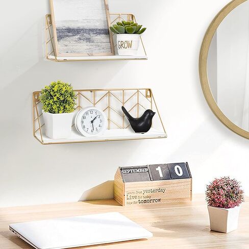 White Versatile Wood Floating Shelf with Gold Metal Wire Frame - Stylish Wall Decor and Storage Solution for Living Room, Bedroom, Bathroom, Kitchen, Office, Set of 2 in Saudi Arabia