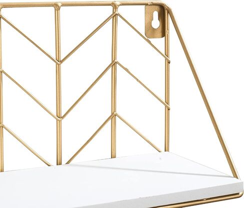 White Versatile Wood Floating Shelf with Gold Metal Wire Frame - Stylish Wall Decor and Storage Solution for Living Room, Bedroom, Bathroom, Kitchen, Office, Set of 2 in Saudi Arabia