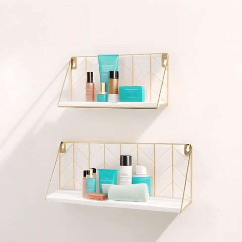 White Versatile Wood Floating Shelf with Gold Metal Wire Frame - Stylish Wall Decor and Storage Solution for Living Room, Bedroom, Bathroom, Kitchen, Office, Set of 2 in Saudi Arabia
