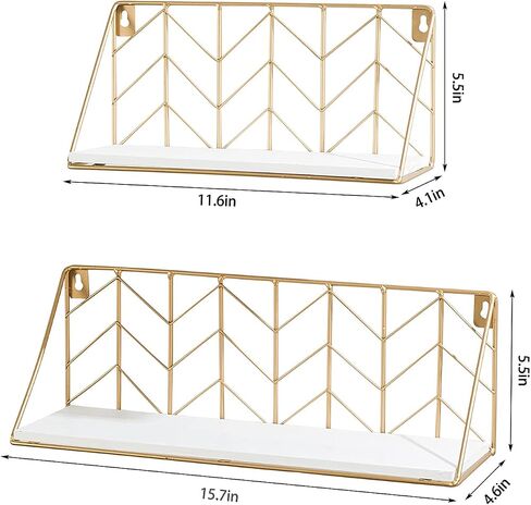 White Versatile Wood Floating Shelf with Gold Metal Wire Frame - Stylish Wall Decor and Storage Solution for Living Room, Bedroom, Bathroom, Kitchen, Office, Set of 2 in Saudi Arabia