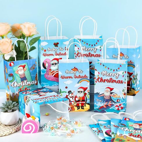 12PCS July Christmas Party Favor Bags Christmas Tropical Party Disposable Treat Bags with Handles Hawaiian Gift Bags for Summer Christmas Theme Hawaiian Beach Birthday Party Decorations Supplies in Saudi Arabia