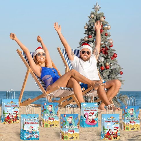 12PCS July Christmas Party Favor Bags Christmas Tropical Party Disposable Treat Bags with Handles Hawaiian Gift Bags for Summer Christmas Theme Hawaiian Beach Birthday Party Decorations Supplies in Saudi Arabia