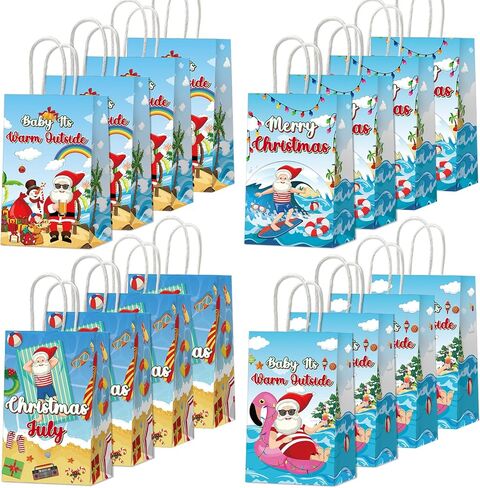 12PCS July Christmas Party Favor Bags Christmas Tropical Party Disposable Treat Bags with Handles Hawaiian Gift Bags for Summer Christmas Theme Hawaiian Beach Birthday Party Decorations Supplies in Saudi Arabia