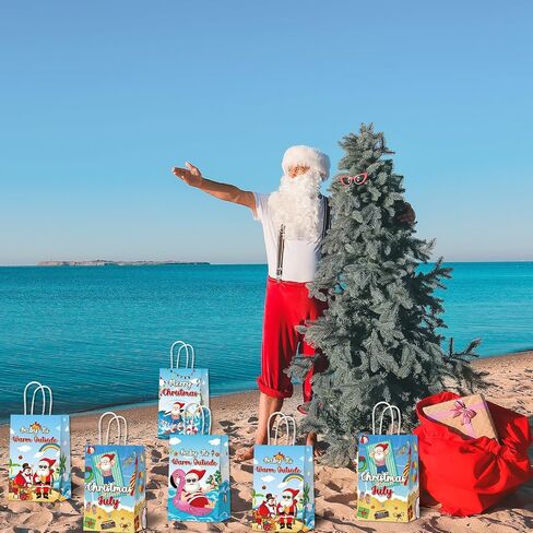 12PCS July Christmas Party Favor Bags Christmas Tropical Party Disposable Treat Bags with Handles Hawaiian Gift Bags for Summer Christmas Theme Hawaiian Beach Birthday Party Decorations Supplies in Saudi Arabia