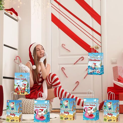 12PCS July Christmas Party Favor Bags Christmas Tropical Party Disposable Treat Bags with Handles Hawaiian Gift Bags for Summer Christmas Theme Hawaiian Beach Birthday Party Decorations Supplies in Saudi Arabia
