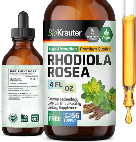 سائل مكمل رهوديولا الوردية - مستخلص رهوديولا الوردية العضوي - قطرات نباتية تكيفية لدعم المزاج والدماغ - صبغة رهوديولا خالية من السكر والسكر 4 أونصة سائلة. in Kuwait