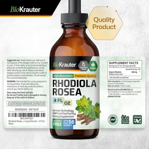 سائل مكمل رهوديولا الوردية - مستخلص رهوديولا الوردية العضوي - قطرات نباتية تكيفية لدعم المزاج والدماغ - صبغة رهوديولا خالية من السكر والسكر 4 أونصة سائلة. in Kuwait