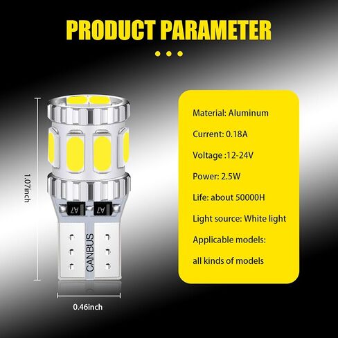 Pack-2 Car T10 LED Width Lights، 5630-8SMD أضواء لوحة الترخيص، مصابيح قراءة فائقة السطوع، أضواء الأدوات، استبدال لمبة السيارة، عالمية لمعظم السيارات والشاحنات وسيارات الدفع الرباعي (أبيض) in Saudi Arabia