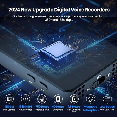 128GB Voice Activated Recorder Magnetic-3072Kpbs Digital Recording Device with AI Noise Cancellation and Microphone,60 Hours Continuous Portable Mini Audio Voice Recorder for Work,Lectures,Meetings in Saudi Arabia