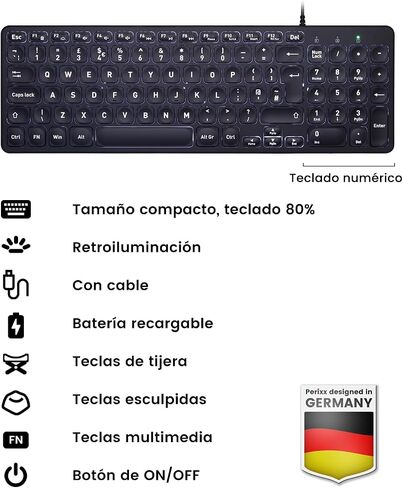 Perixx PERIBOARD-332 Teclado Mini USB retroiluminado con Cable - Teclas de tijera tipo X - Retroiluminación Blanca - Negro - QWERTY Español in Saudi Arabia