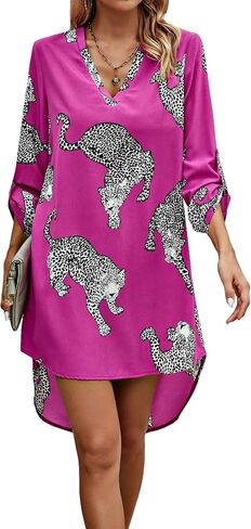 WDIRARA Women's Leopard Print V Neck Roll Up Sleeve Asymmetrical Hem Dress in Saudi Arabia
