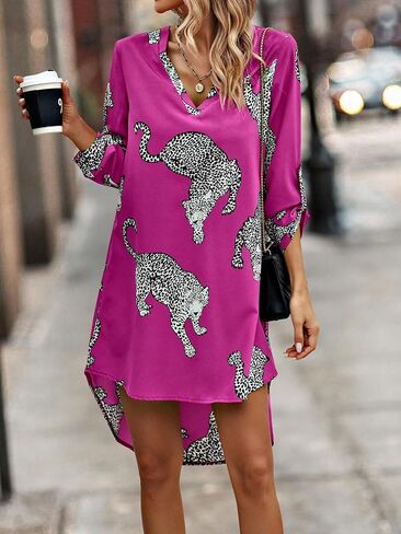 WDIRARA Women's Leopard Print V Neck Roll Up Sleeve Asymmetrical Hem Dress in Saudi Arabia