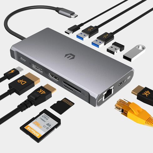 قاعدة إرساء 12 في 1 مع شاشات عرض ثلاثية، وPD 100 وات، وقارئ بطاقات SD/TF، ​​و3 منافذ USB 3.0 - رمادي فلكي in Saudi Arabia