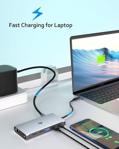 قاعدة إرساء 12 في 1 مع شاشات عرض ثلاثية، وPD 100 وات، وقارئ بطاقات SD/TF، ​​و3 منافذ USB 3.0 - رمادي فلكي in Saudi Arabia