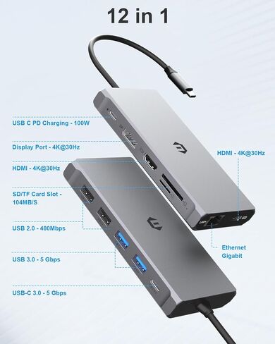 قاعدة إرساء 12 في 1 مع شاشات عرض ثلاثية، وPD 100 وات، وقارئ بطاقات SD/TF، ​​و3 منافذ USB 3.0 - رمادي فلكي in Saudi Arabia